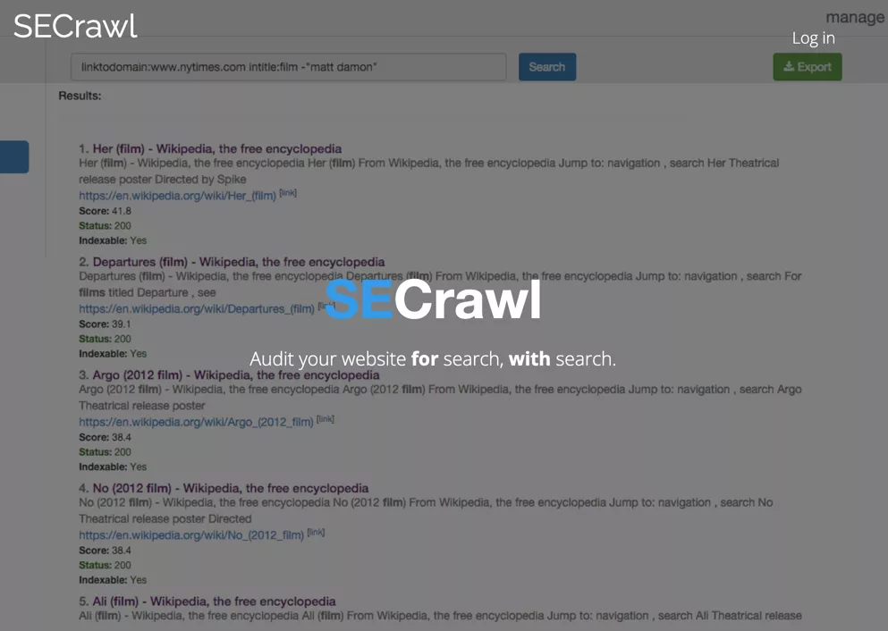 SECrawl enterprise website crawler interface